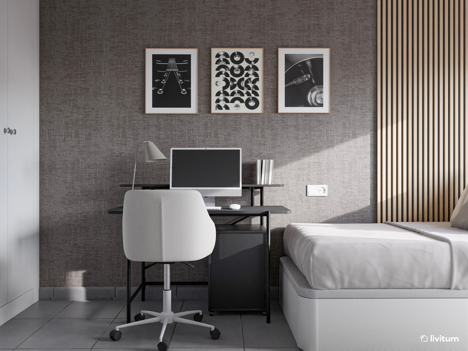 Habitación juvenil moderna en grises con zona de estudio y soporte para bicicleta