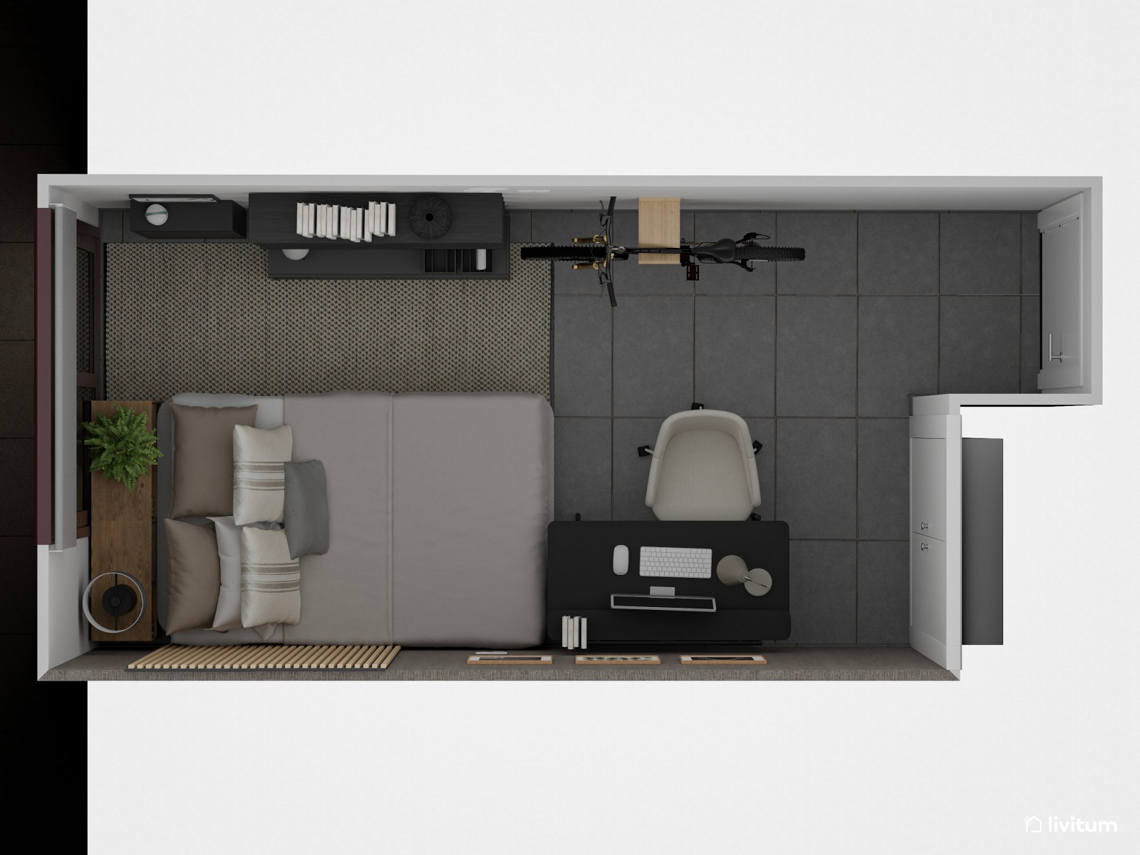 Habitación juvenil moderna en grises con zona de estudio y soporte para bicicleta