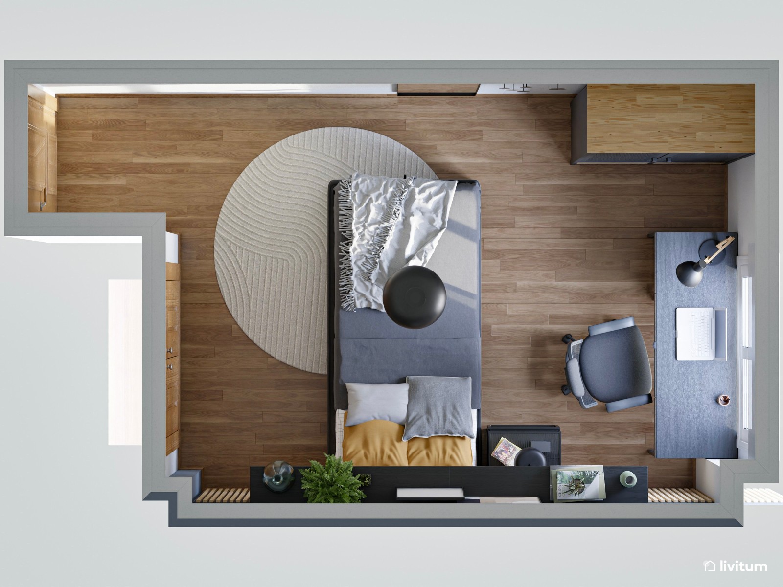 Habitación juvenil negra con listones de madera
