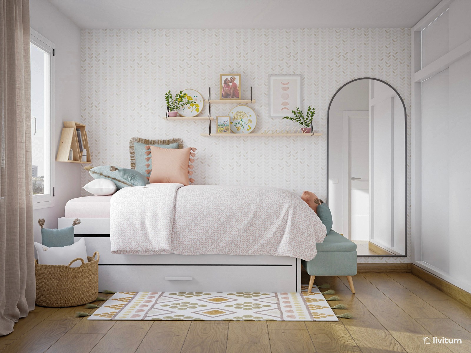 Habitación juvenil nórdica con cama nido y mucho color 