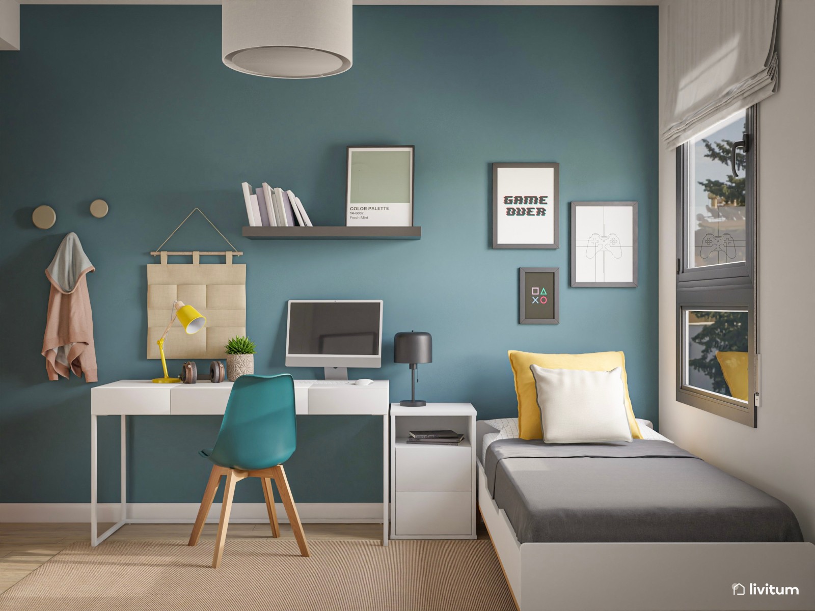 Habitación juvenil nórdica en azul turquesa 