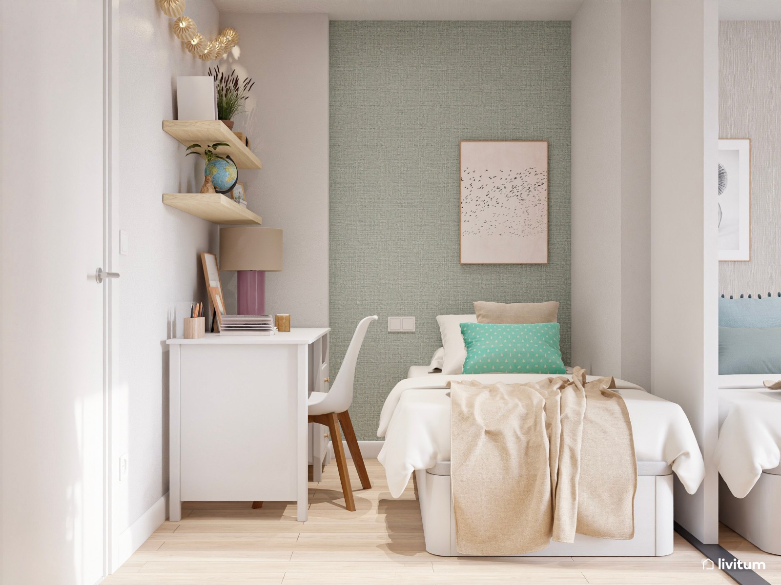 Habitación juvenil para dos con zonas separadas para dos adolescentes