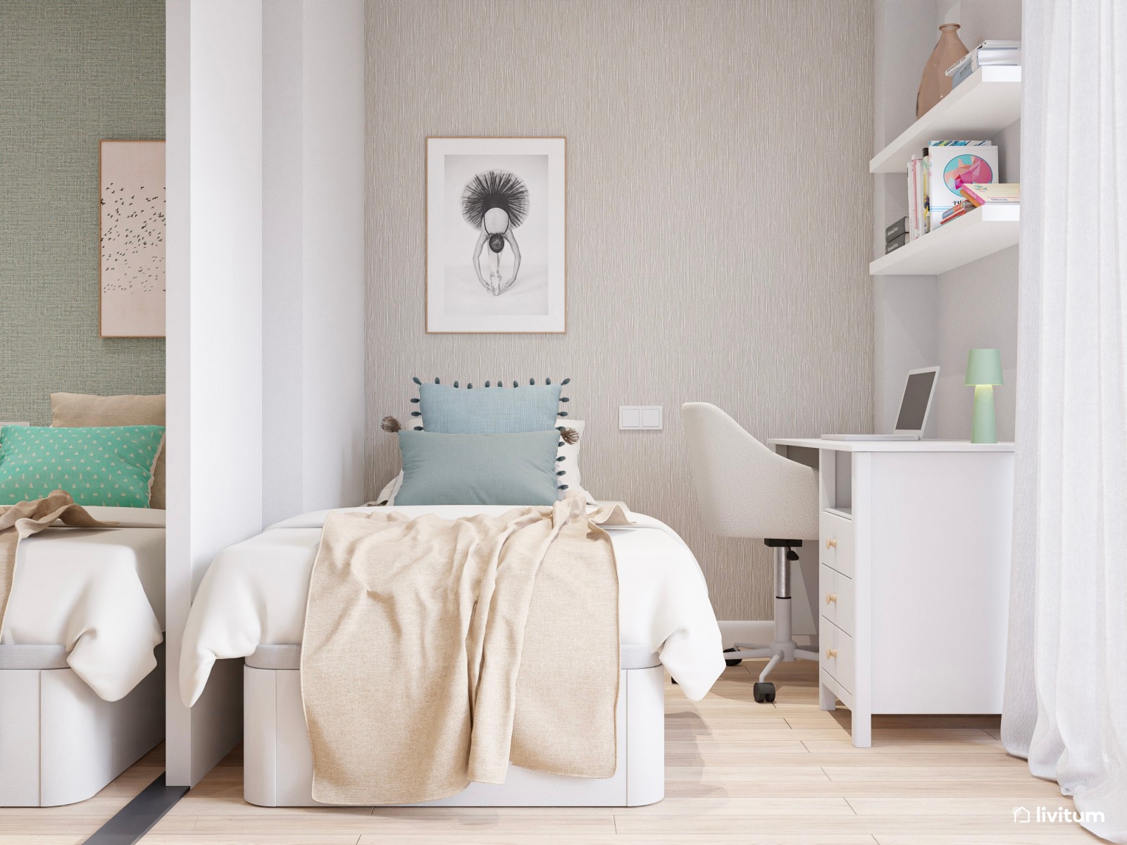 Habitación juvenil para dos con zonas separadas para dos adolescentes