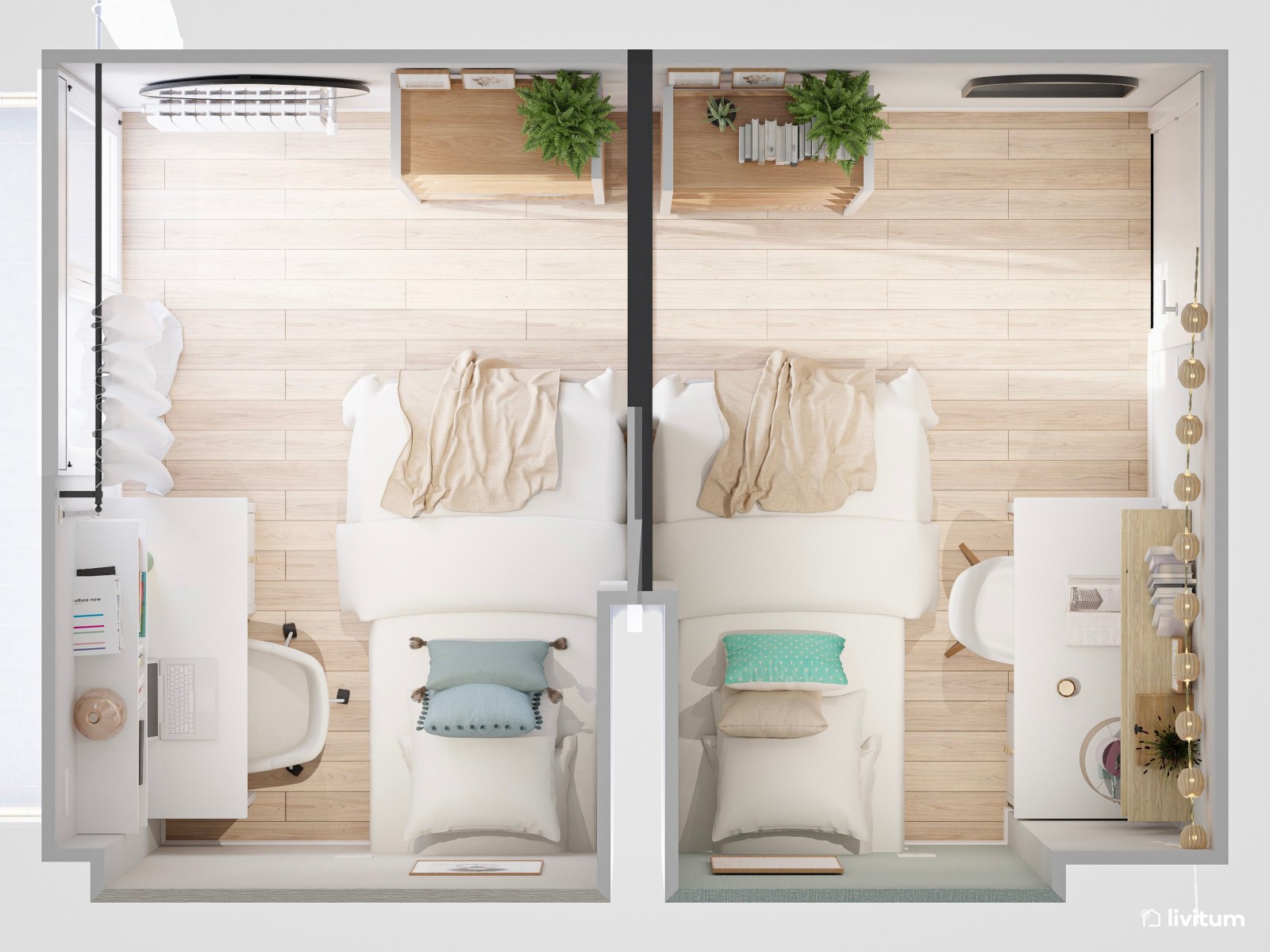 Habitación juvenil para dos con zonas separadas para dos adolescentes
