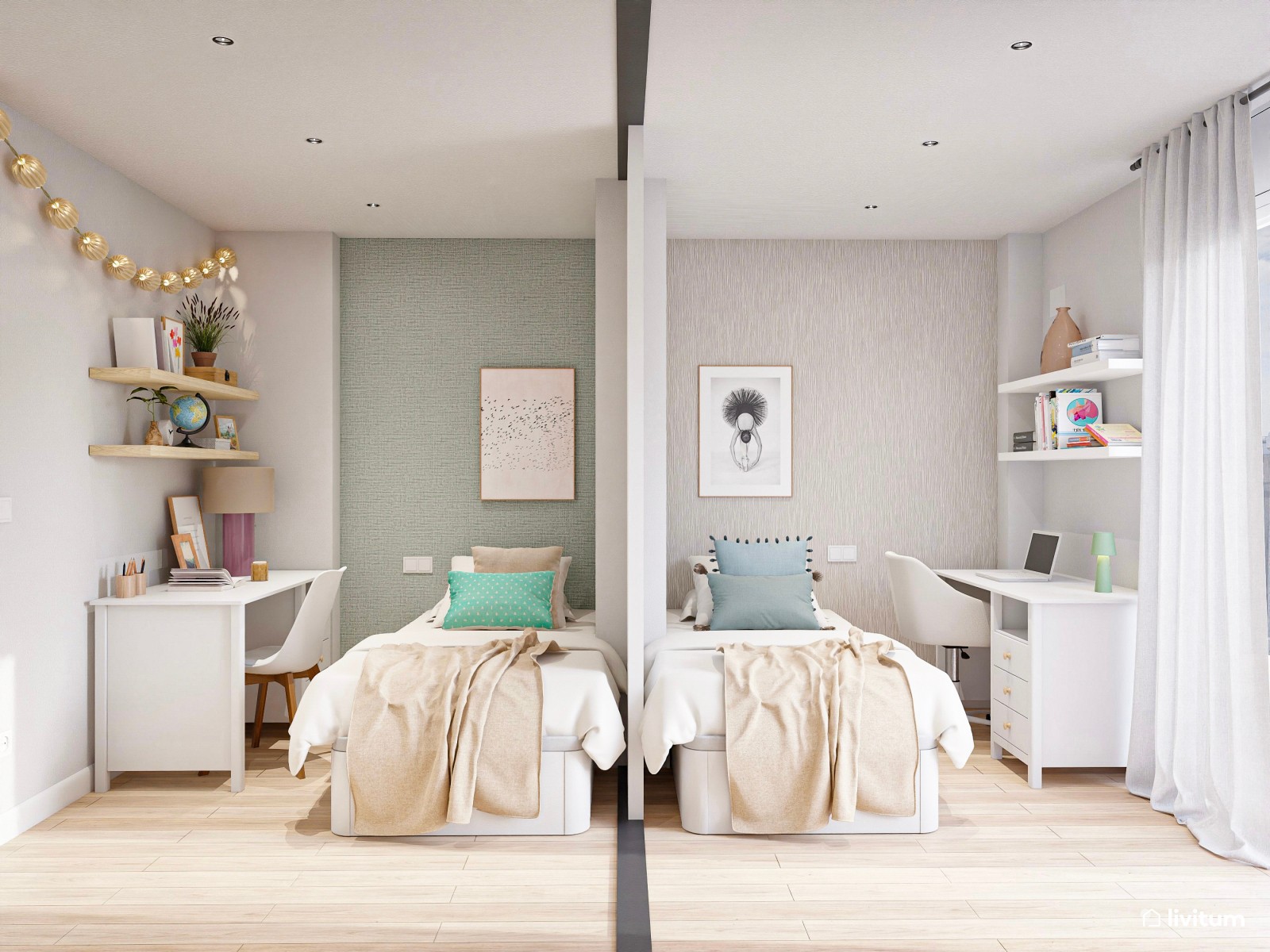 Habitación juvenil para dos con zonas separadas para dos adolescentes