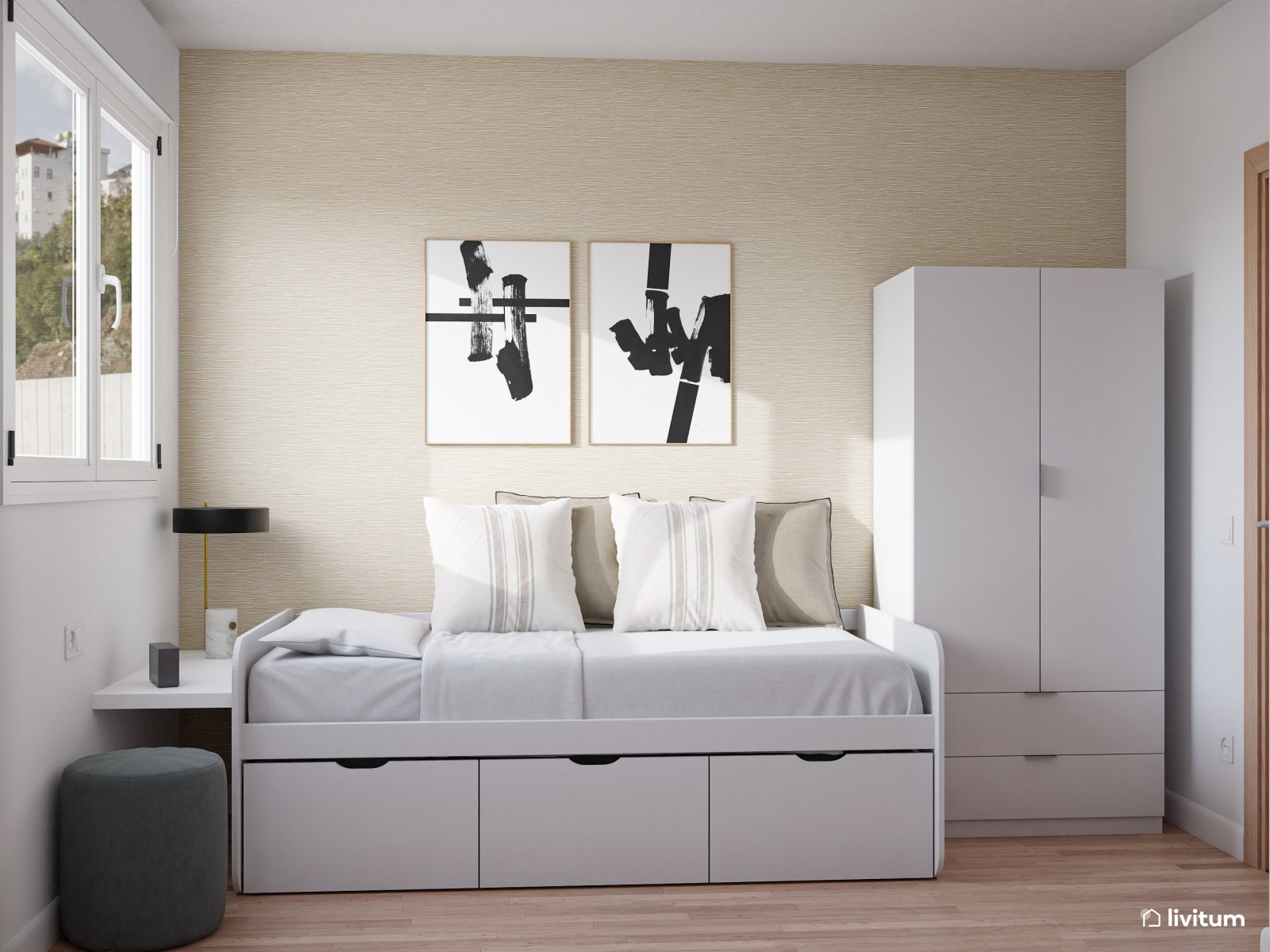 Habitación juvenil pequeña de 6 m² en Total White con escritorio 