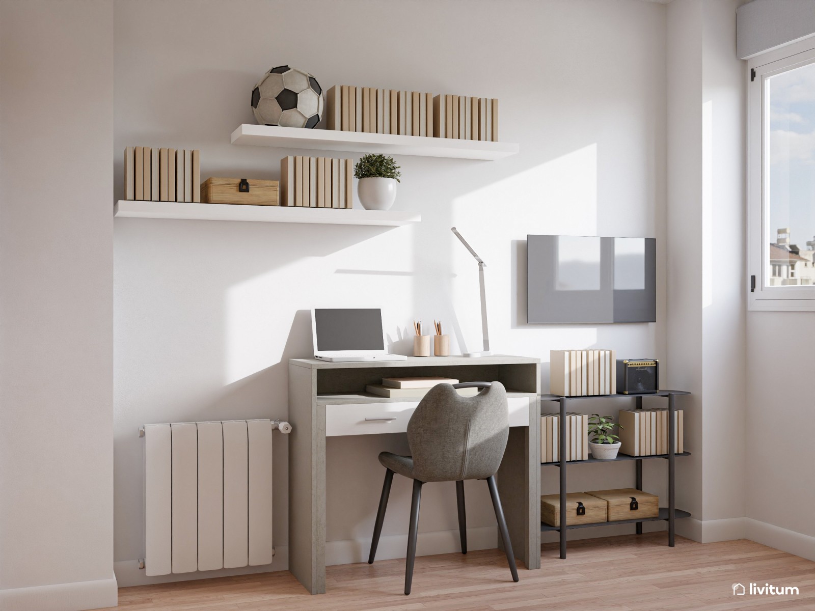 Habitación juvenil pequeña de 6 m² en Total White con escritorio 