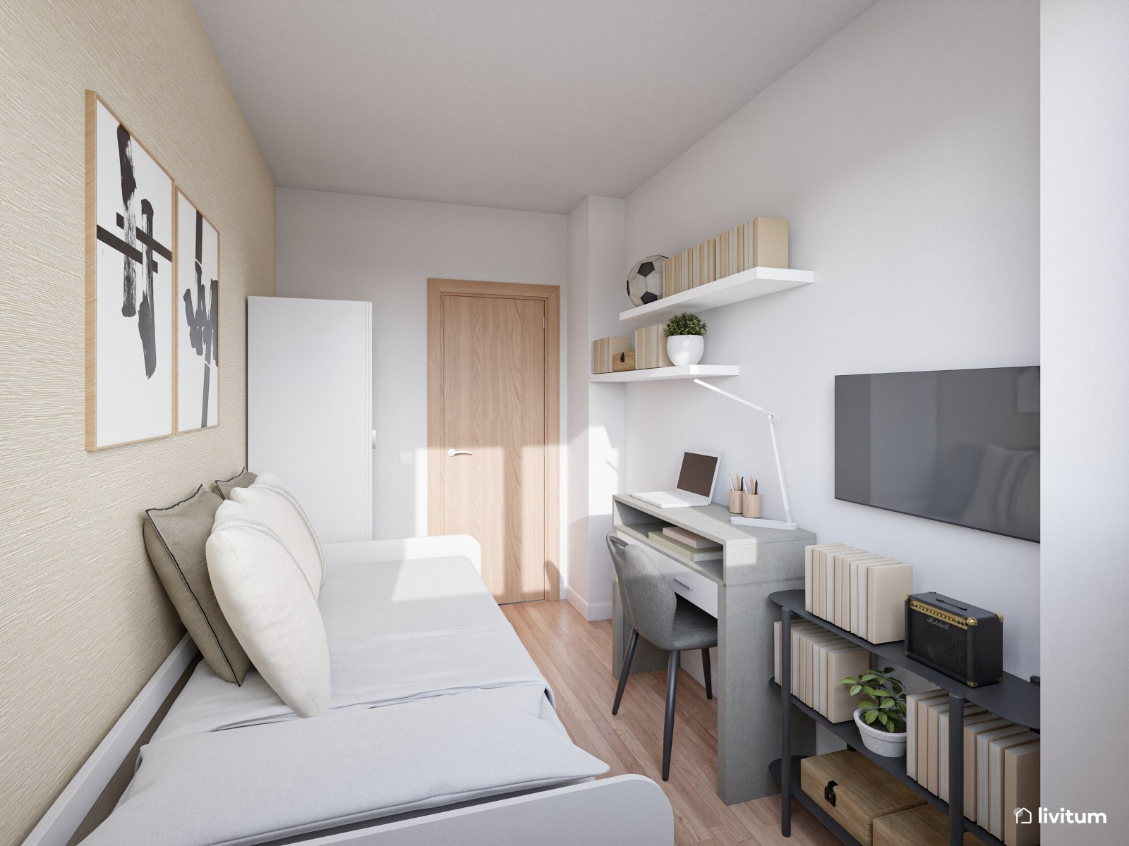 Habitación juvenil pequeña de 6 m² en Total White con escritorio 