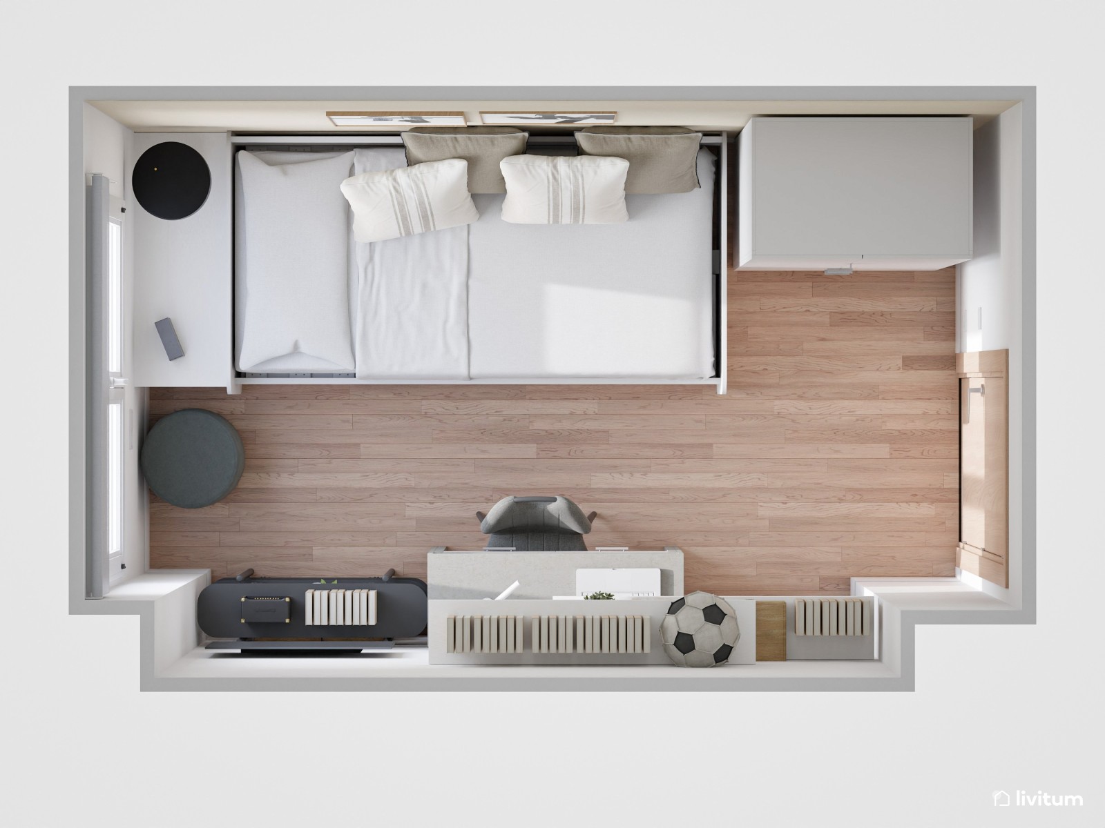 Habitación juvenil pequeña de 6 m² en Total White con escritorio 