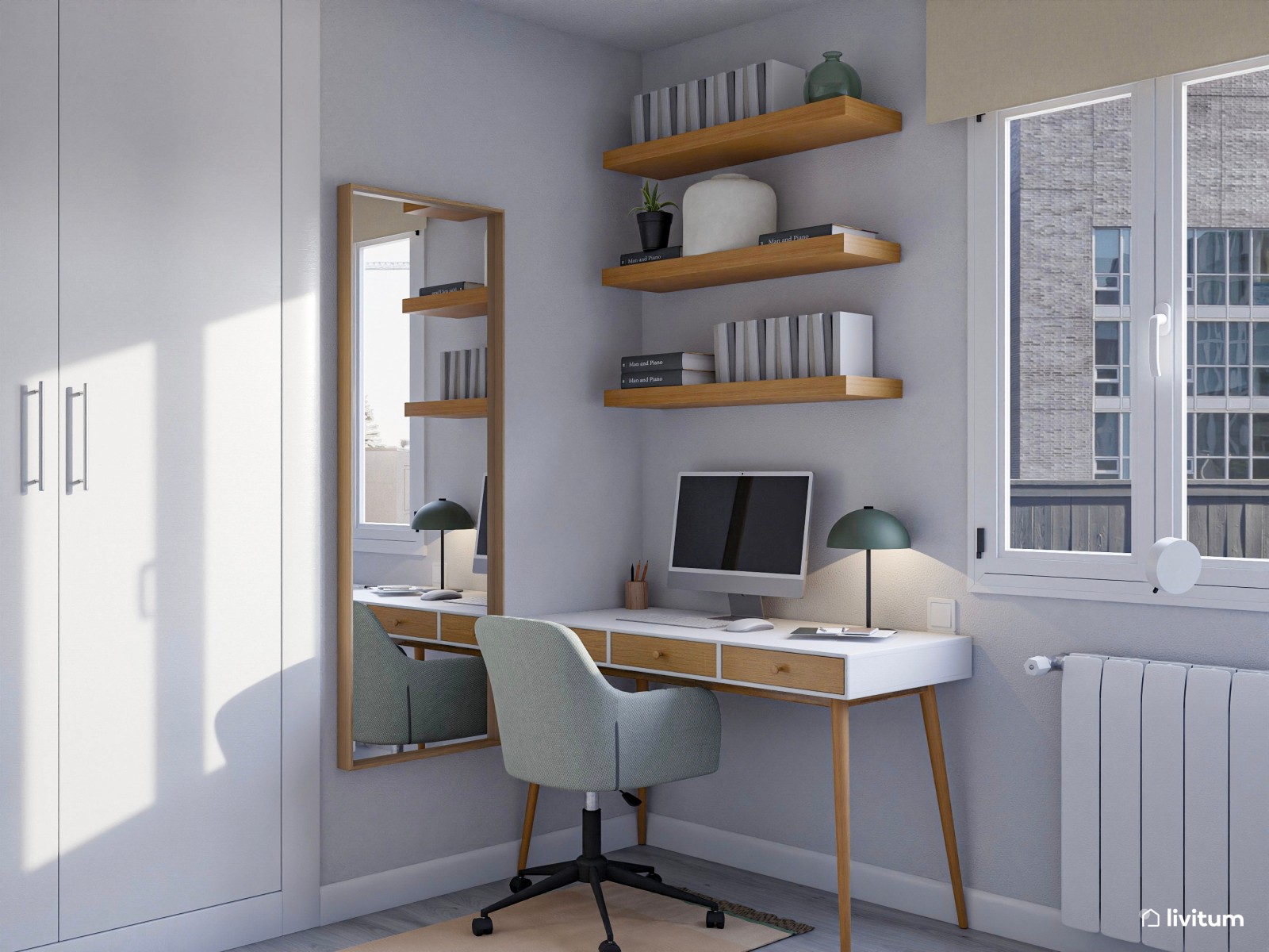 Habitación juvenil pequeña muy bien distribuida con agradable zona de trabajo 