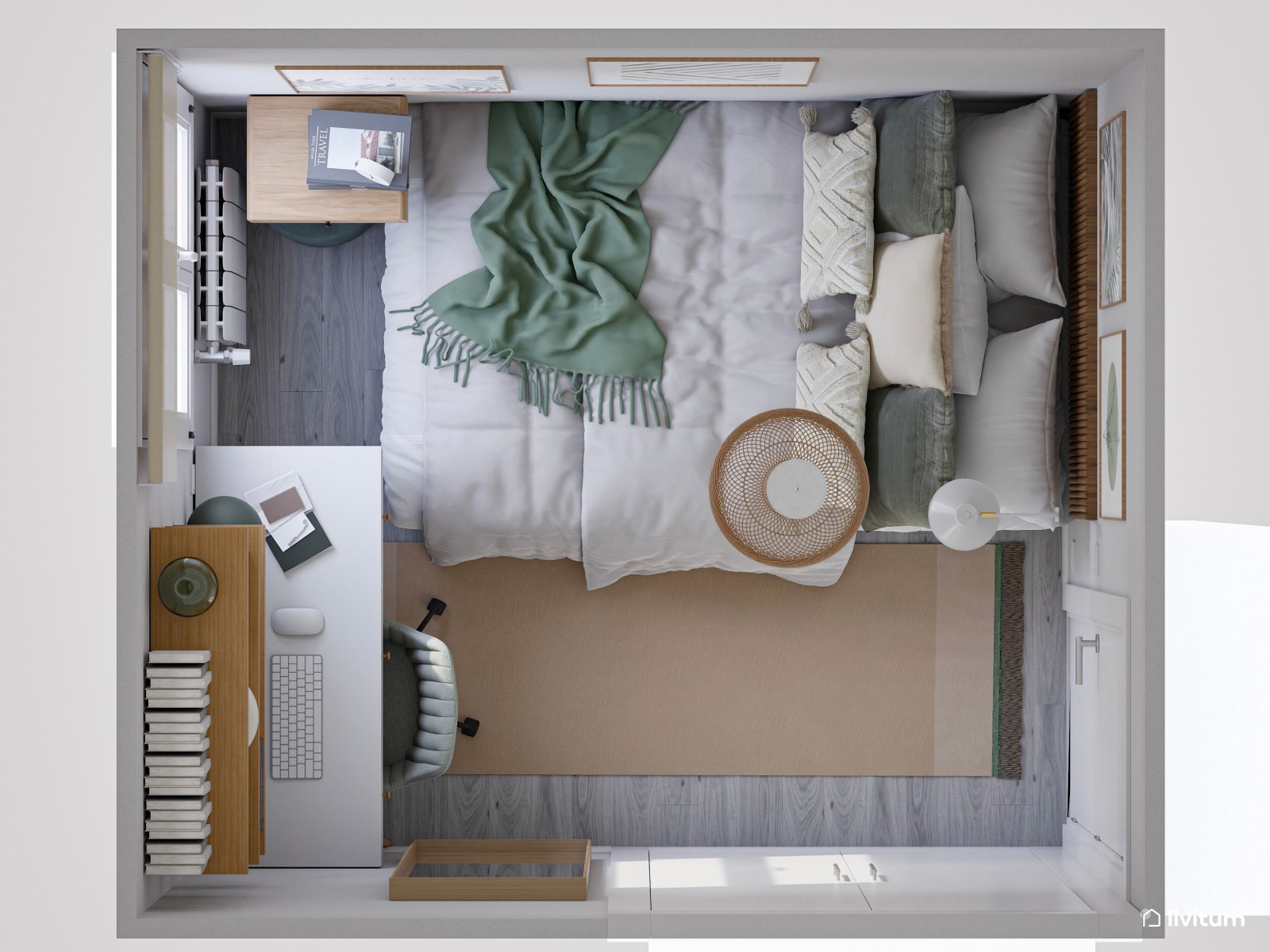 Habitación juvenil pequeña muy bien distribuida con agradable zona de trabajo 