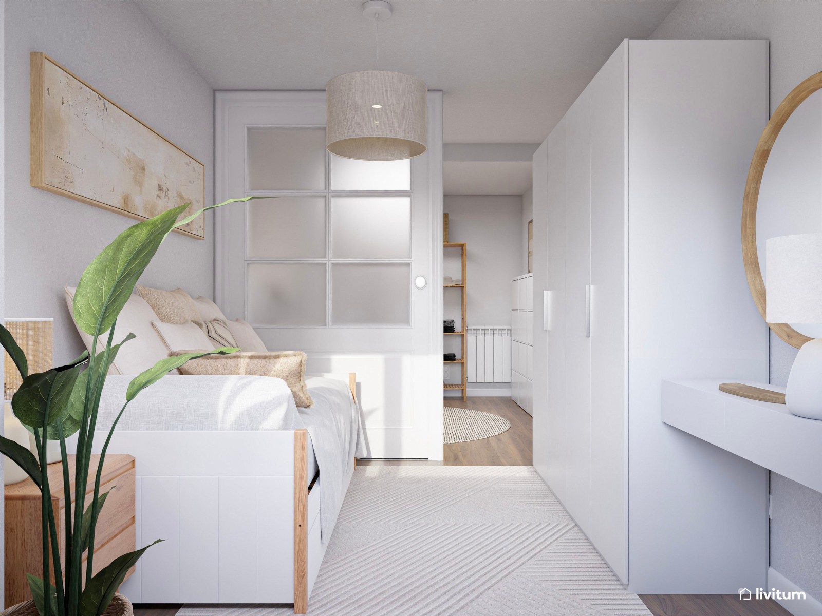 Habitación juvenil ToTal White con zona de despacho separada por acristalamiento