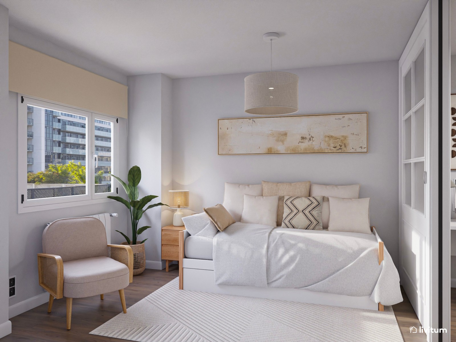 Habitación juvenil ToTal White con zona de despacho separada por acristalamiento