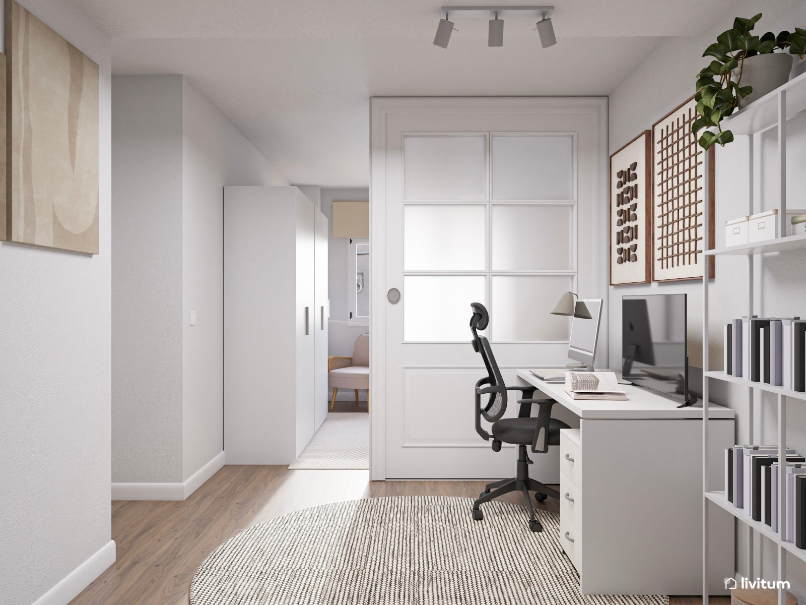 Habitación juvenil ToTal White con zona de despacho separada por acristalamiento