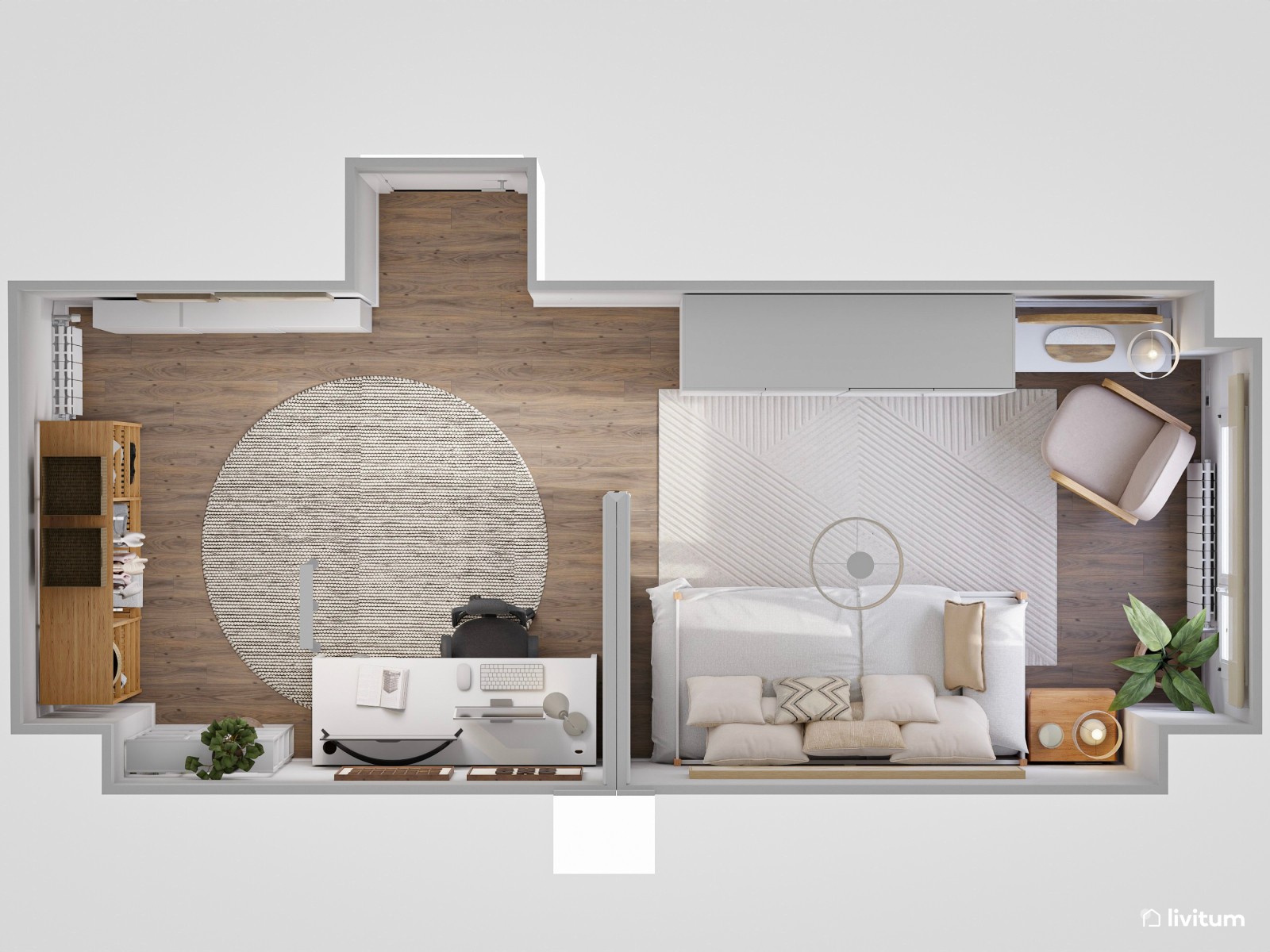 Habitación juvenil ToTal White con zona de despacho separada por acristalamiento