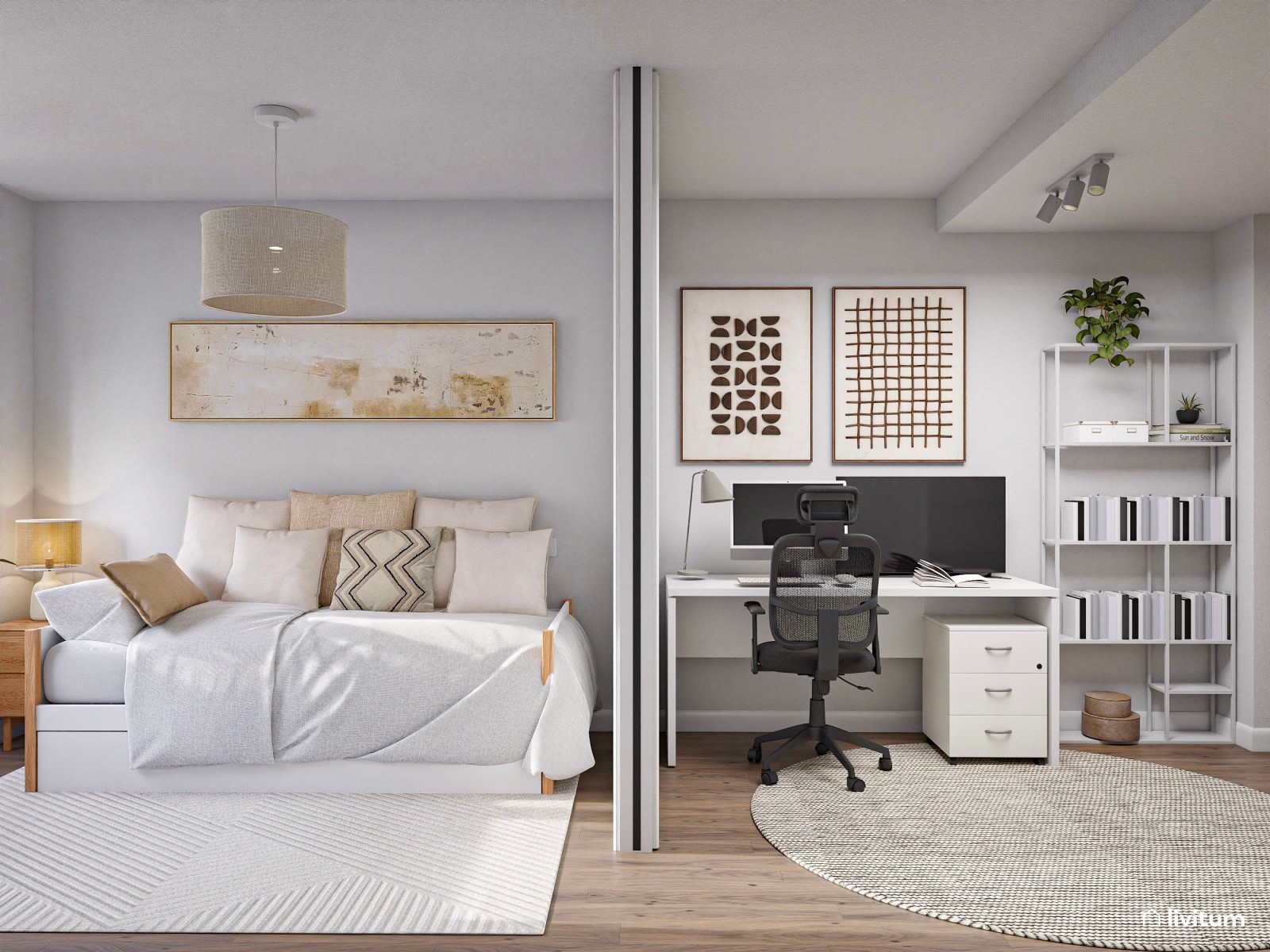 Habitación juvenil ToTal White con zona de despacho separada por acristalamiento