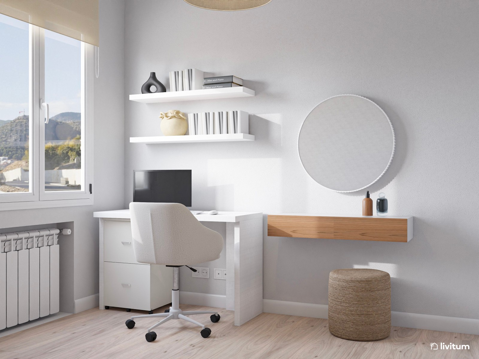 Habitación juvenil Total White con zona de escritorio y tocador