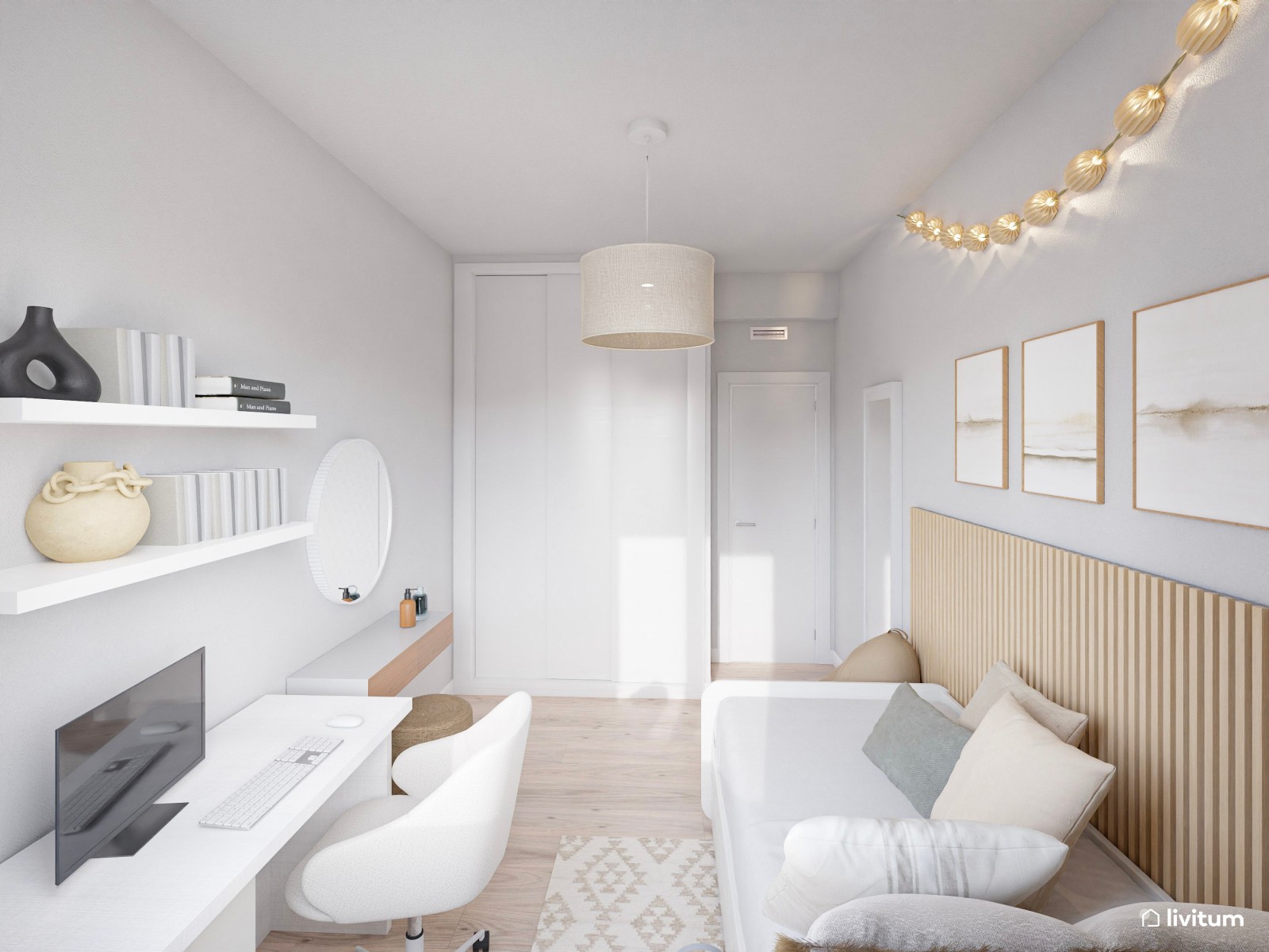 Habitación juvenil Total White con zona de escritorio y tocador