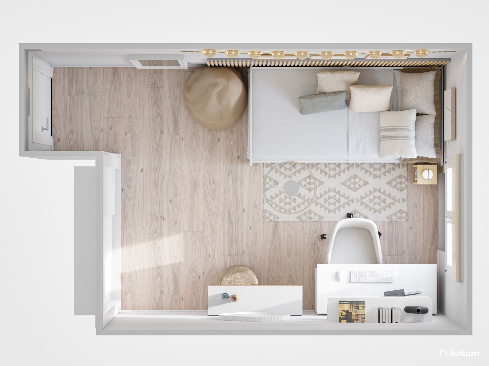 Habitación juvenil Total White con zona de escritorio y tocador