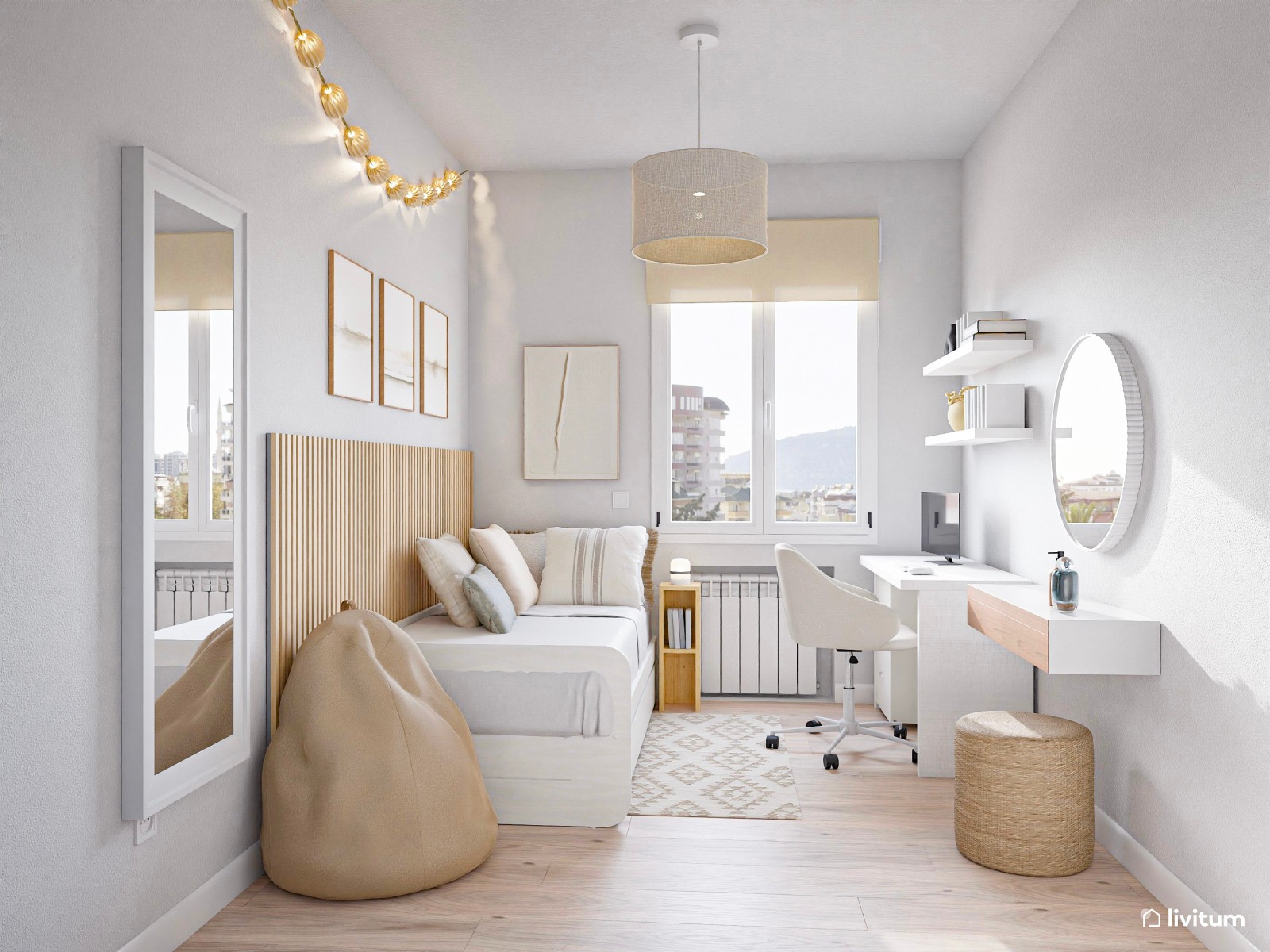 Habitación juvenil Total White con zona de escritorio y tocador