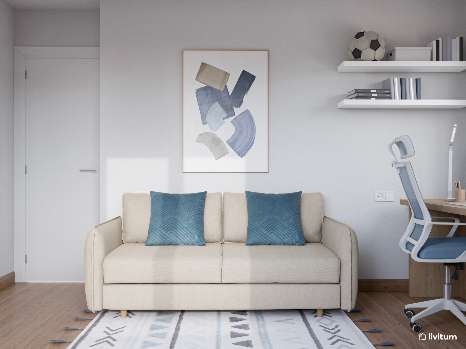Habitación multifunción con sofá cama y despacho, con detalles en azul