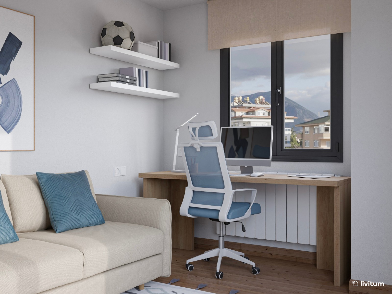 Habitación multifunción con sofá cama y despacho, con detalles en azul