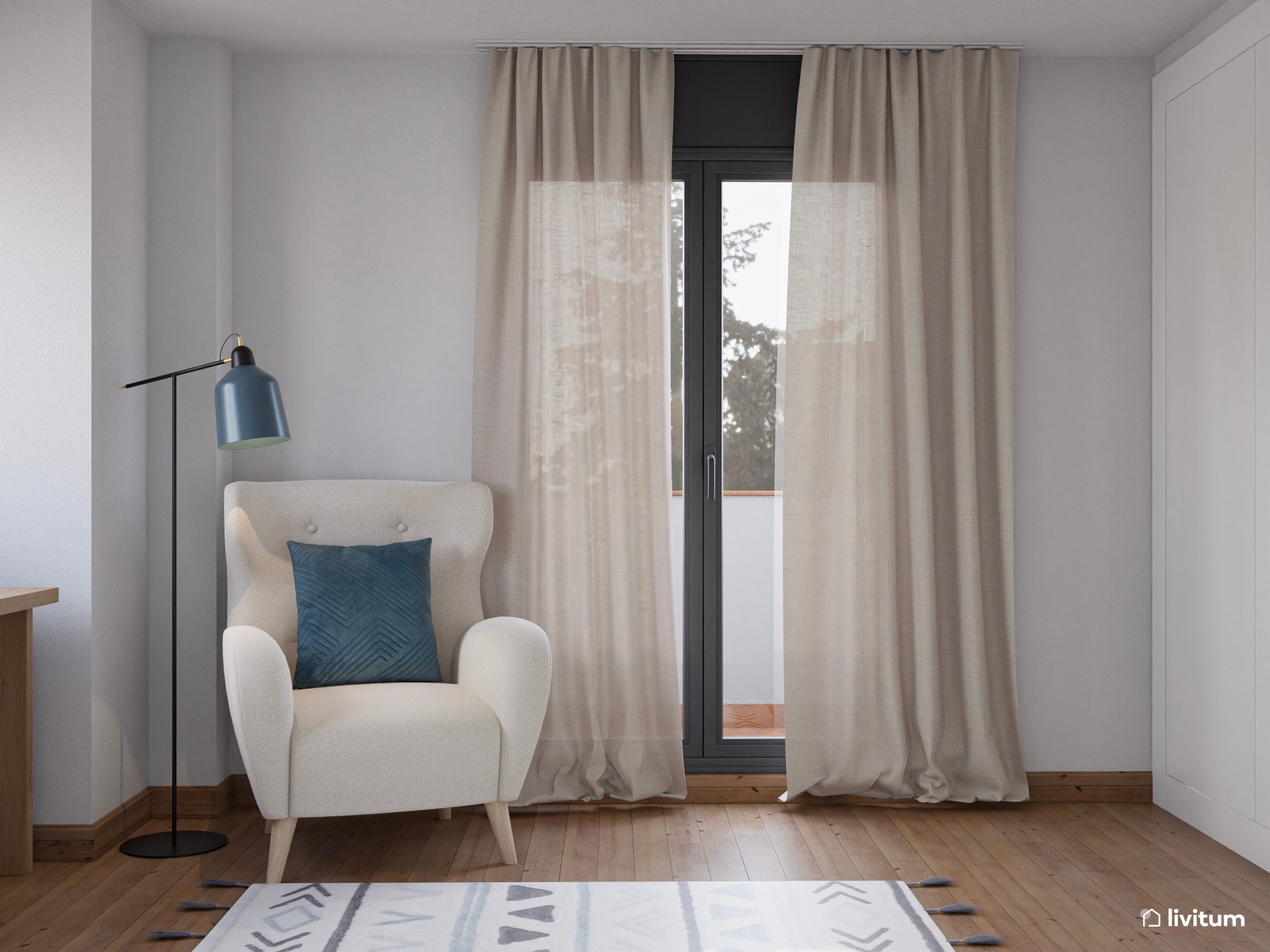 Habitación multifunción con sofá cama y despacho, con detalles en azul