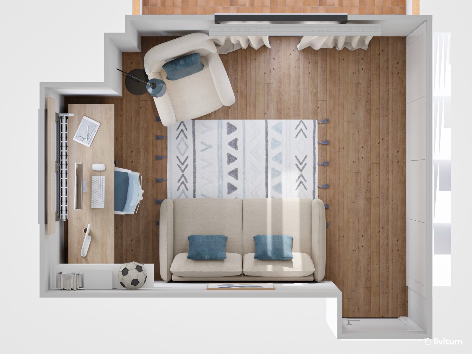 Habitación multifunción con sofá cama y despacho, con detalles en azul