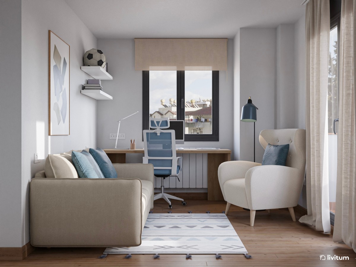 Habitación multifunción con sofá cama y despacho, con detalles en azul