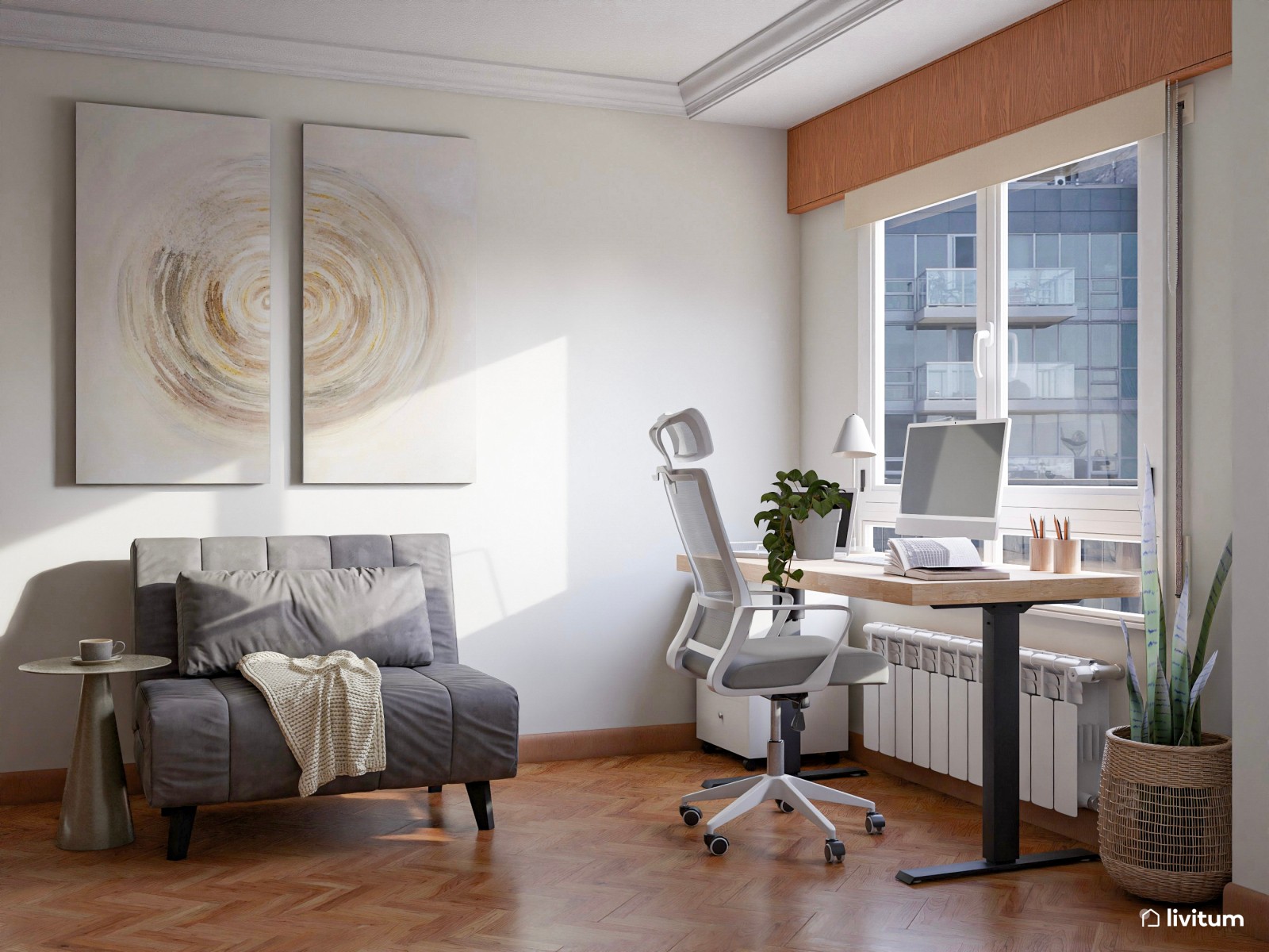 Habitación multiusos con despacho, gimnasio y sillón cama