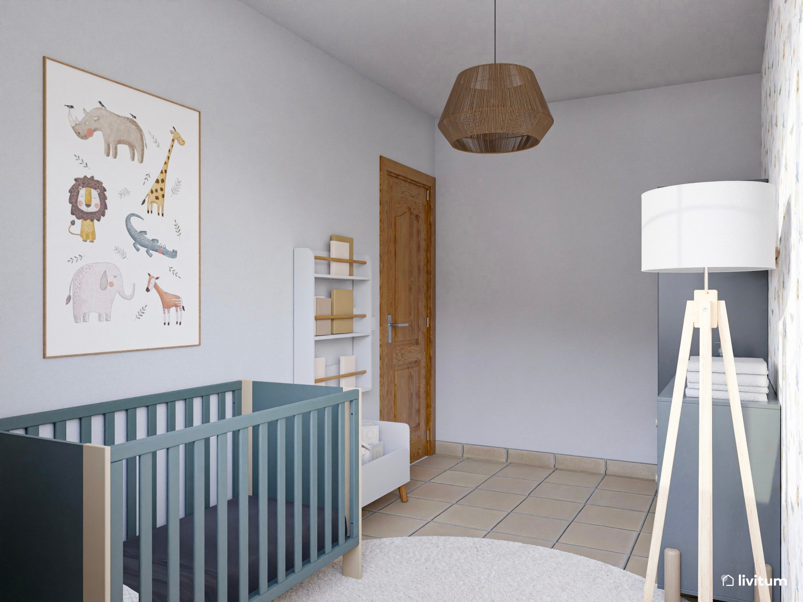 Habitación para bebé con cuna en azul grisáceo