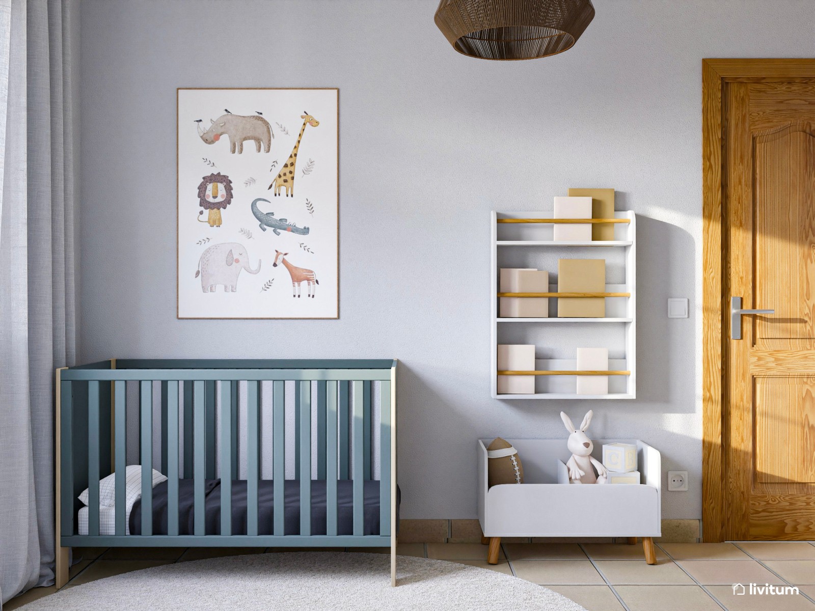Habitación para bebé con cuna en azul grisáceo