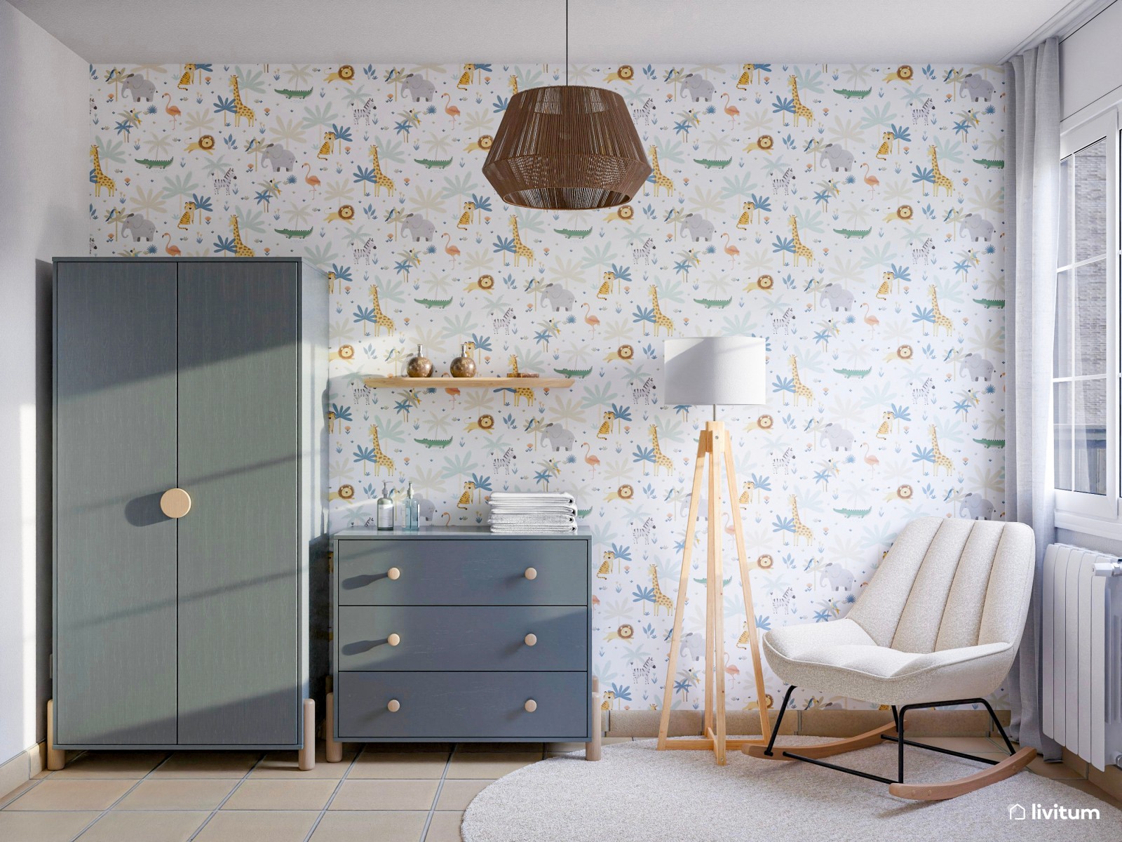 Habitación para bebé con cuna en azul grisáceo