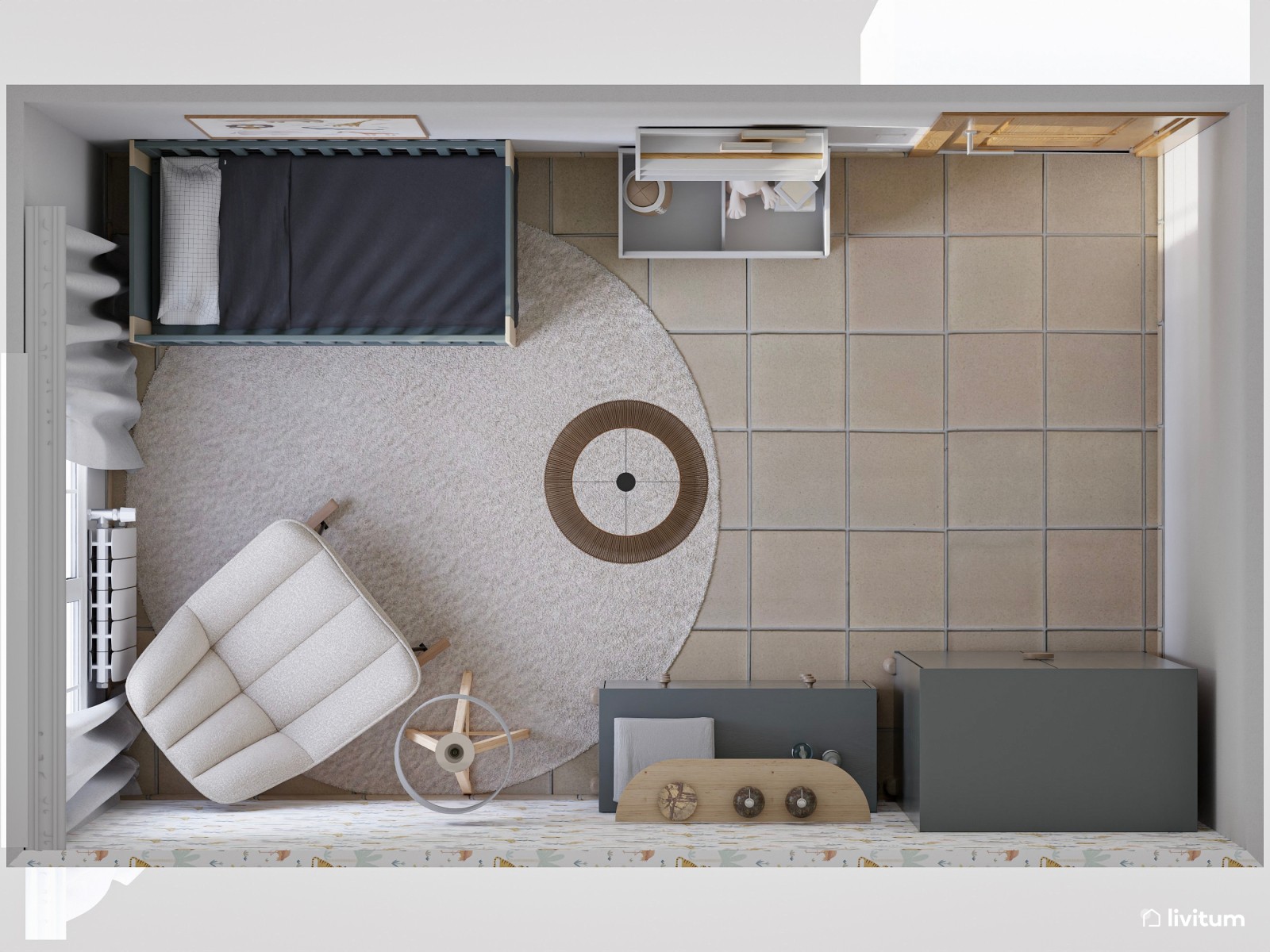 Habitación para bebé con cuna en azul grisáceo