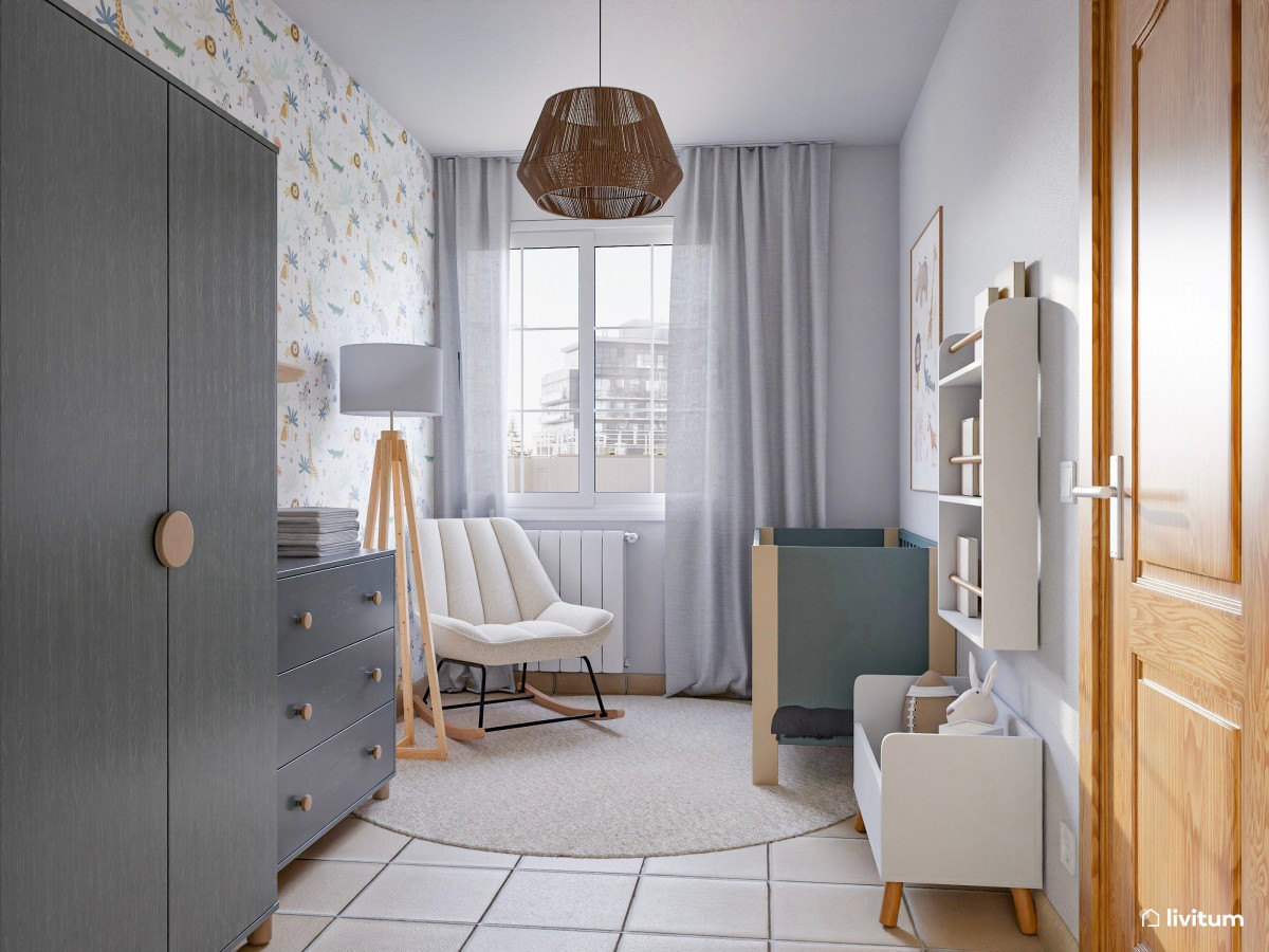 Habitación para bebé con cuna en azul grisáceo