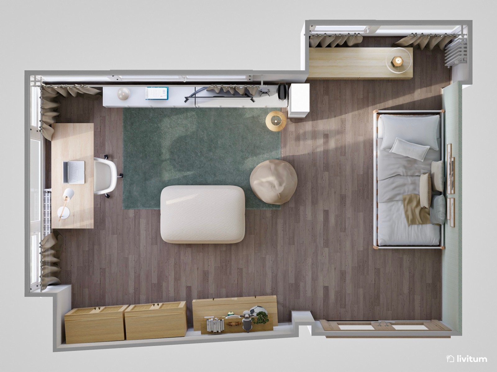 Habitación polivalente con estudio y cama nido