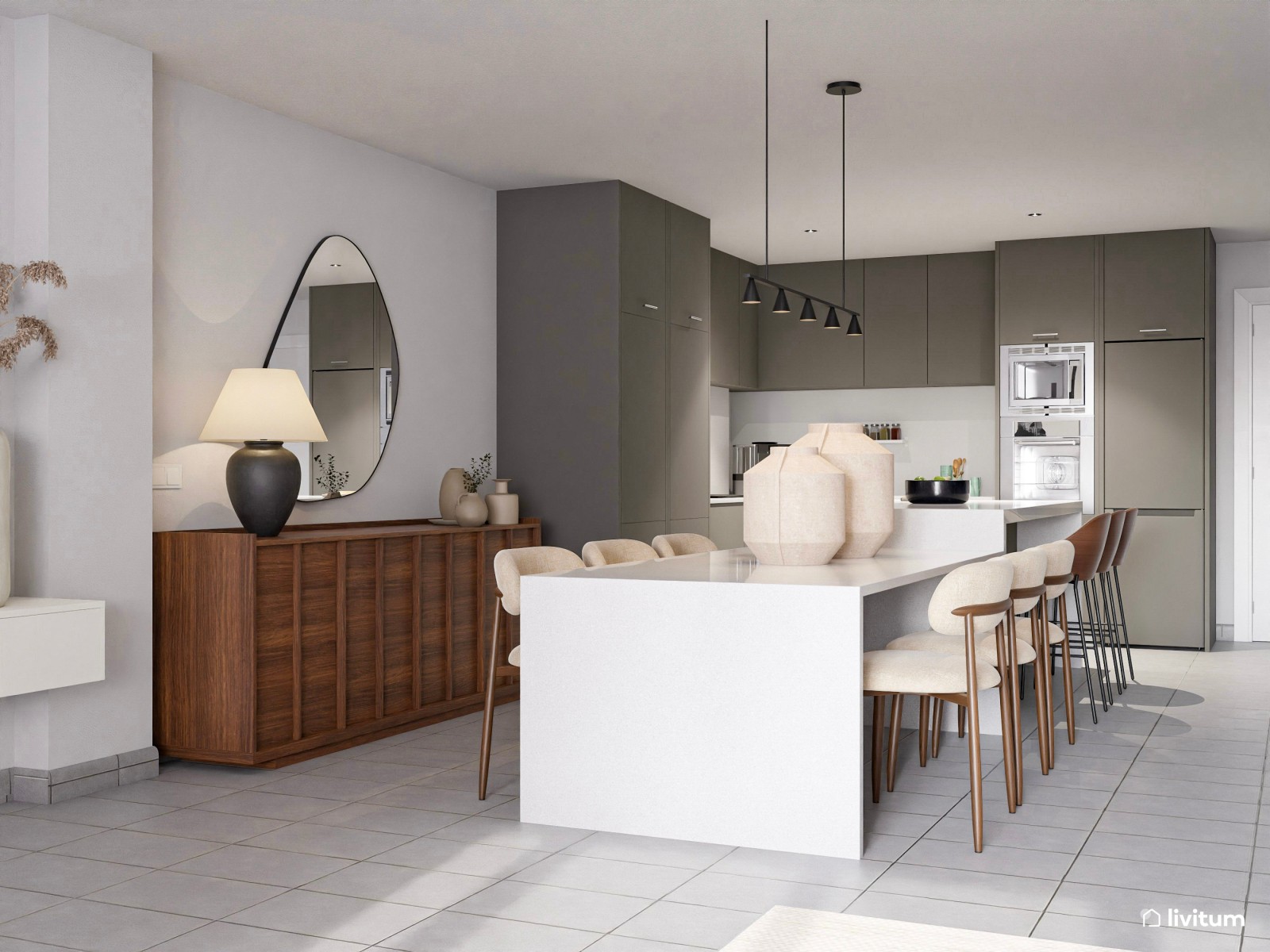 Impresionante salón con cocina abierta en blanco con detalles en tonos tierra