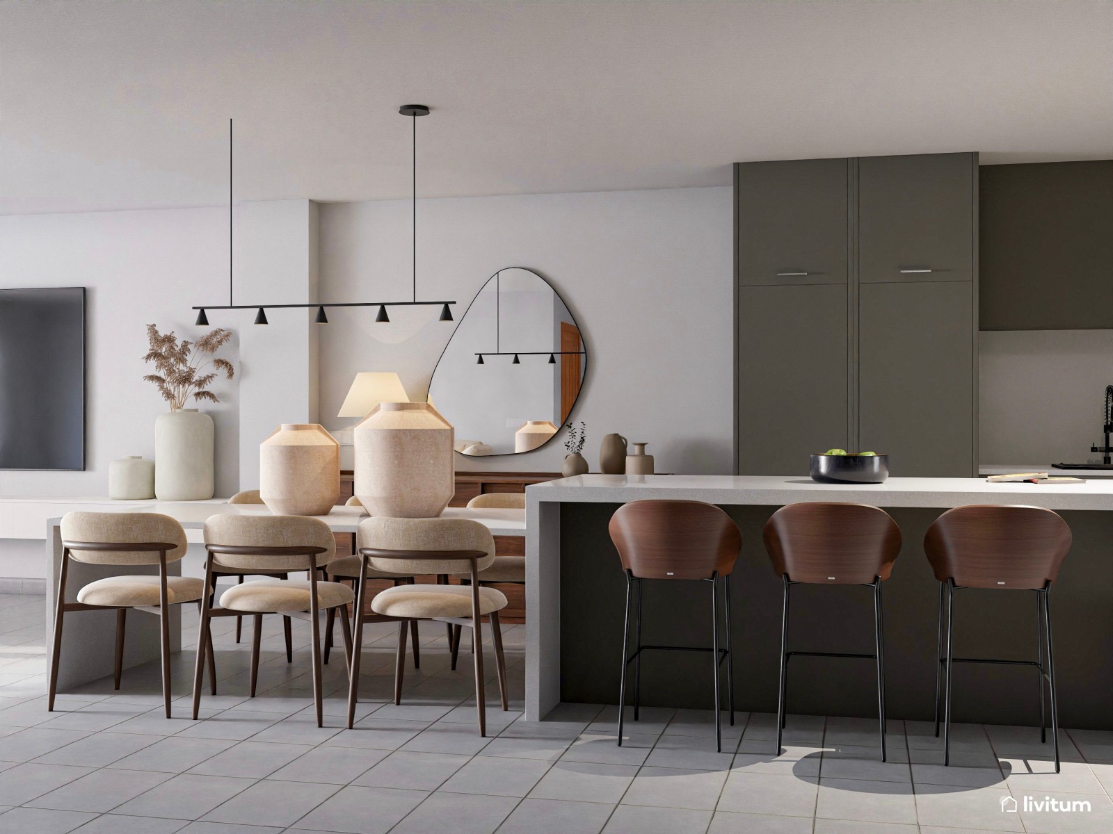 Impresionante salón con cocina abierta en blanco con detalles en tonos tierra
