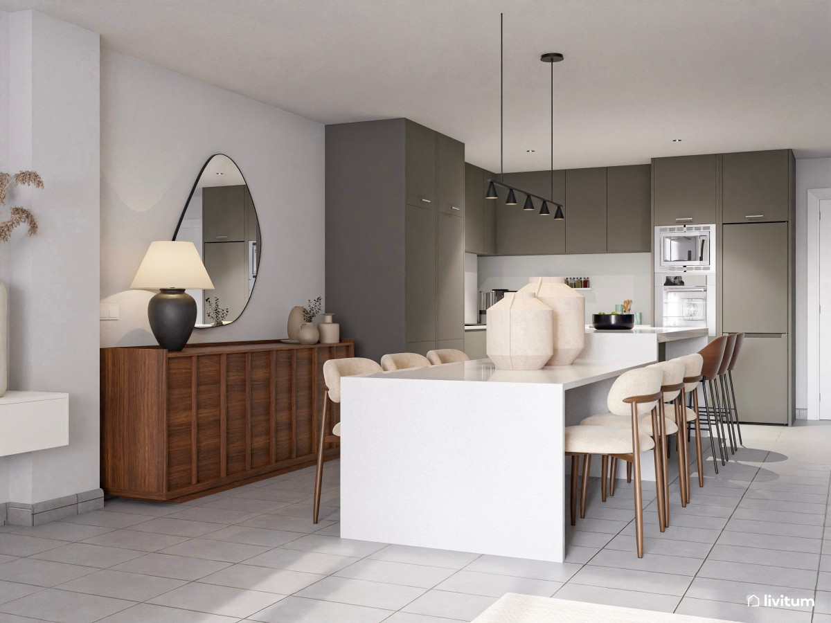 Impresionante salón con cocina abierta en blanco con detalles en tonos tierra