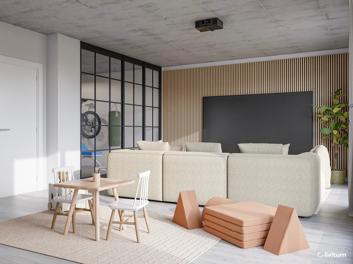 Impresionante sótano con sala de cine, zona de juegos para niños y gimnasio