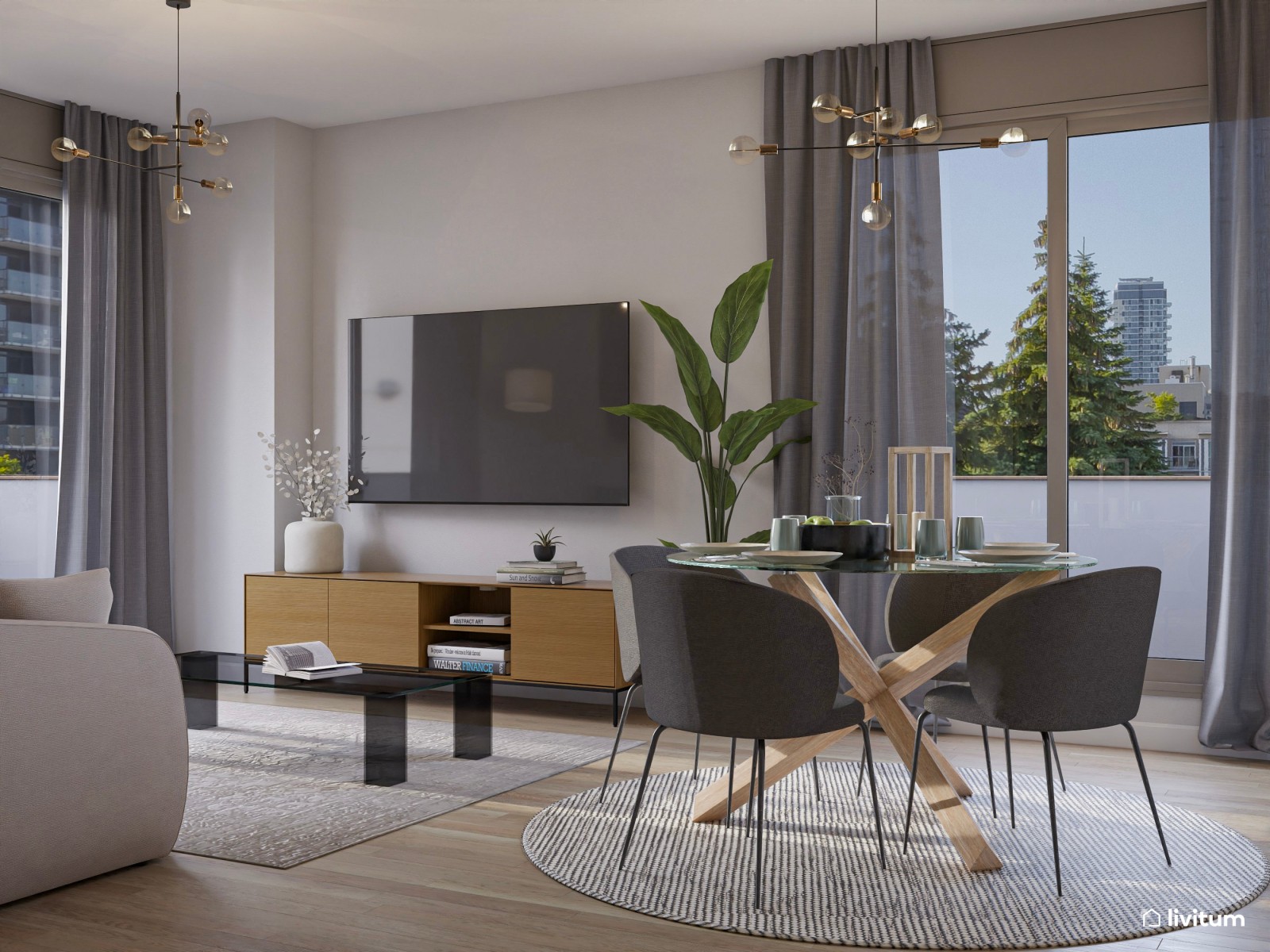 Industrial y elegante salón comedor con cocina y recibidor 