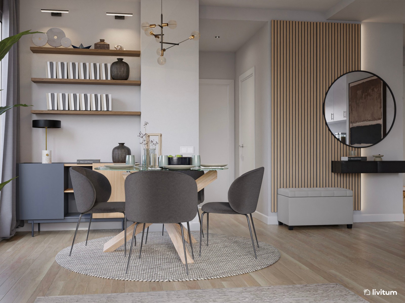 Industrial y elegante salón comedor con cocina y recibidor 