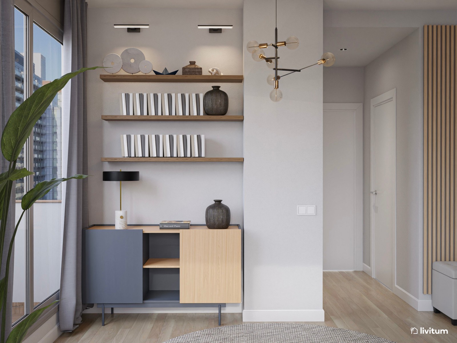 Industrial y elegante salón comedor con cocina y recibidor 