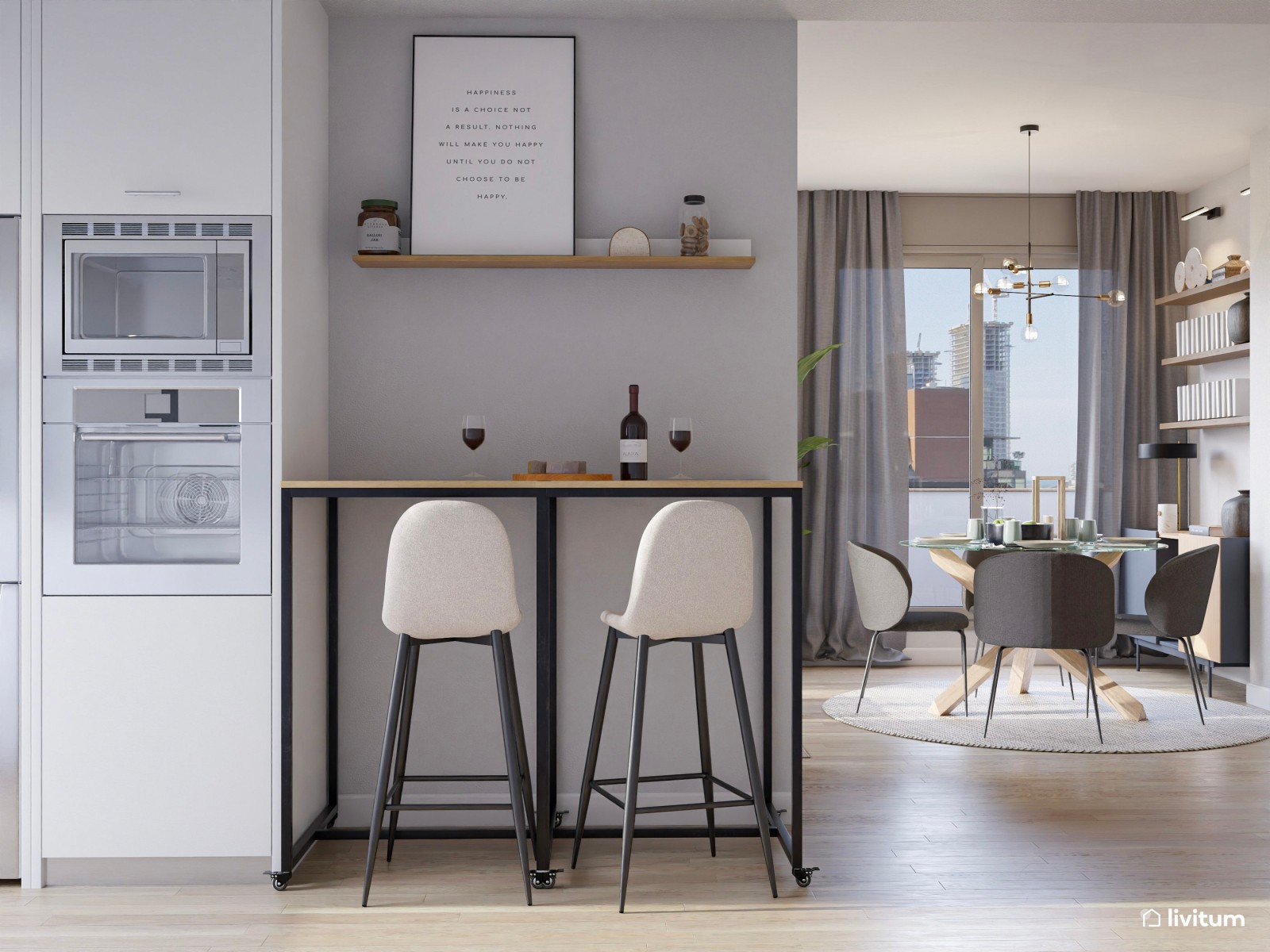 Industrial y elegante salón comedor con cocina y recibidor 