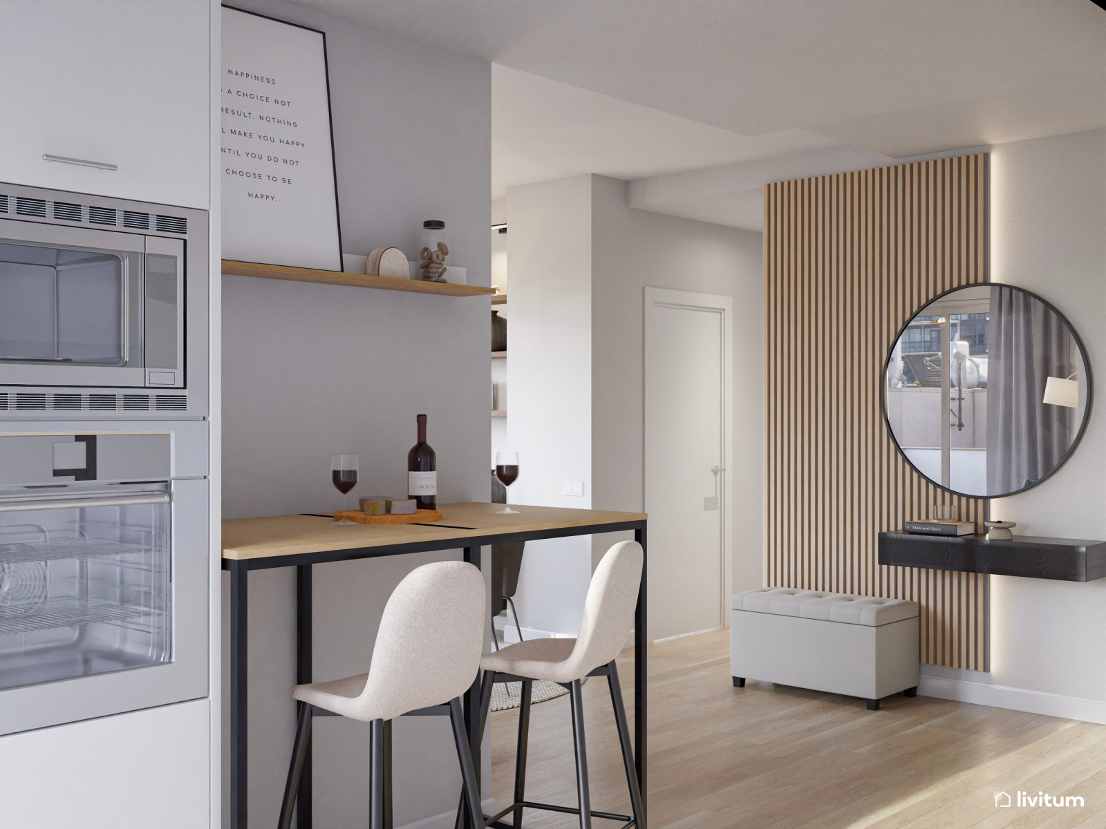 Industrial y elegante salón comedor con cocina y recibidor 