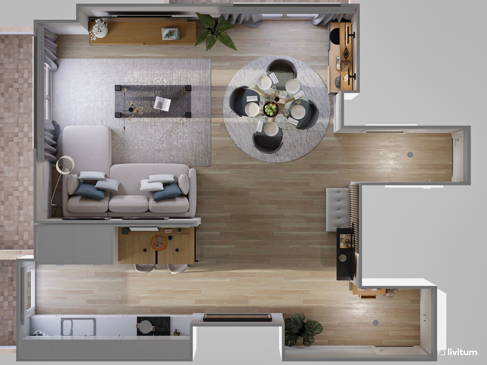 Industrial y elegante salón comedor con cocina y recibidor 