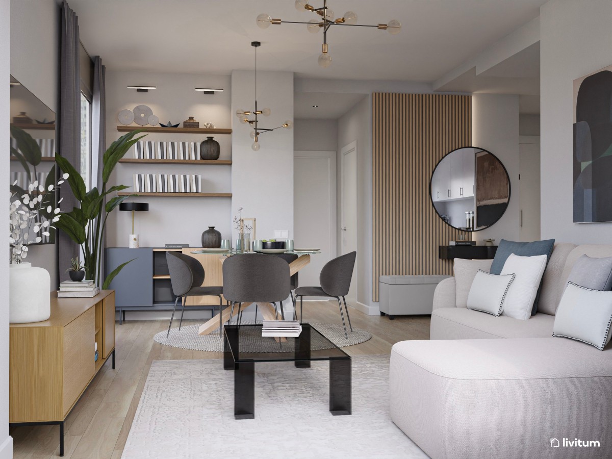 Industrial y elegante salón comedor con cocina y recibidor
