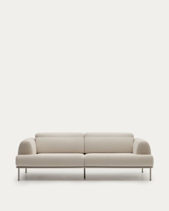 Sofá Aurum 3 plazas crudo con cabecero reclinable y base de metal beige mate 234 cm, Kave Home