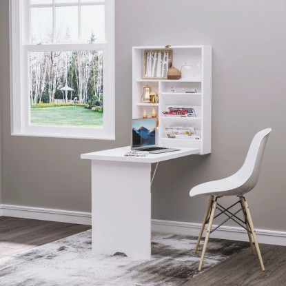 HOMCOM Escritorio plegable mural mesa mural plegable con estantes para sala de estar comedor oficina 93,8x60x147 cm Blanco, Aosom