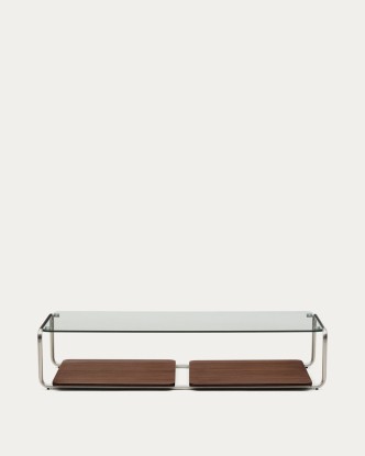 Mesa de centro Tarsel de cristal templado y bandeja de chapa de nogal FSC 100% con estructura de acero inoxidable cepillado 140 x 60 cm, Kave Home